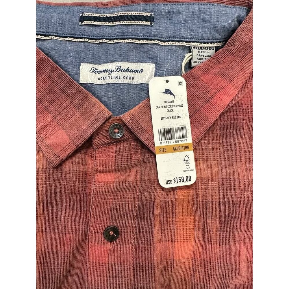 Tommy Bahama Men's Big & Tall 4XB Red Sail Coastline Cord Redwood Check Shirt - Picture 7 of 7